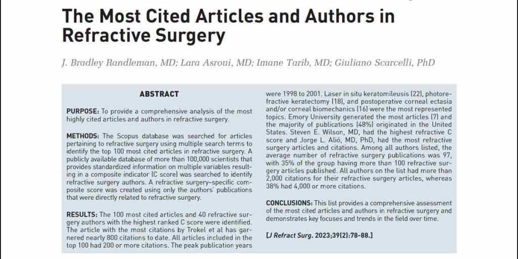 Farhad Hafezi among the Top 100 Most Cited Articles and 40 Best Authors in Refractive Surgery