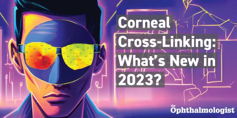 Steampunk art of a man with corneal topographies as the lenses in his sunglasses, and the text Corneal Cross-Linking: What's New in 2023?