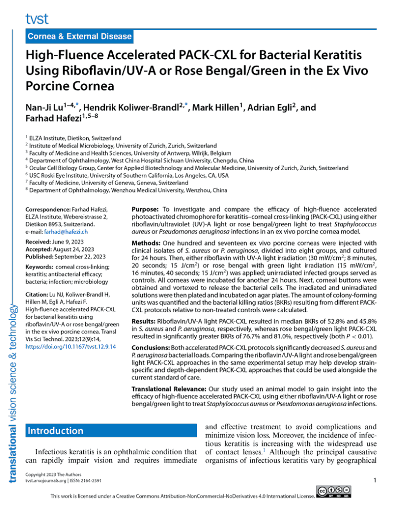 Bacterial Keratitis Treatment paper published in TVST