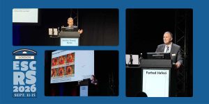 CAKE Magazine ESCRS 2026 Berichterstattung, mit Prof. Farhad Hafezi und Dr. Emilio Torres-Netto am Rednerpult.