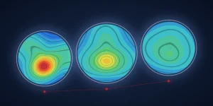 Three corneal topography maps progressing from an irregular keratoconus cone to a regular cornea, illustrating stepwise visual rehabilitation